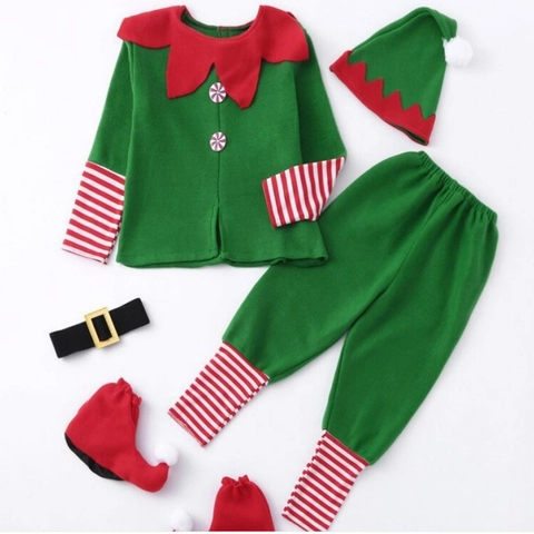 Christmas Elf Costume For Kids Adults Velvet Green Red Cosplay Outfit For Holiday Party Performance Family Elf Suit