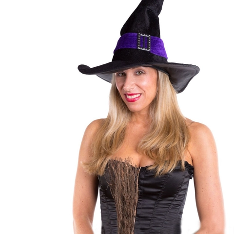 Sombrero de Bruja Negro de Halloween Sombrero de Mago Puntiagudo de Terciopelo Con Hebilla de Metal para Adultos Niños Cosplay