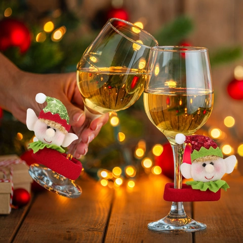 Funda Decorativa para Copa de Vino con Duende de Lentejuelas Navideñas Tela Roja y Verde Adorno para Mesa de Fiesta