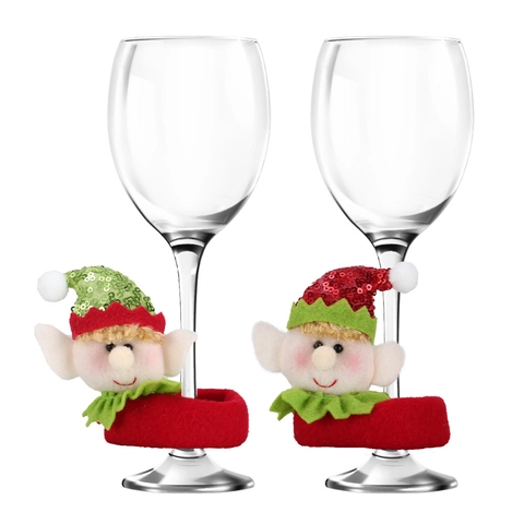Funda Decorativa para Copa de Vino con Duende de Lentejuelas Navideñas Tela Roja y Verde Adorno para Mesa de Fiesta