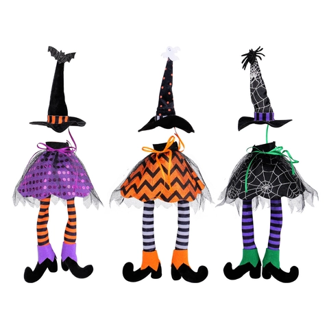 Fundas para Botellas de Vino de Bruja de Halloween Para Decoración Mesa Fiesta Sombrero Bruja Falda Piernas Rayadas Fundas de Vino