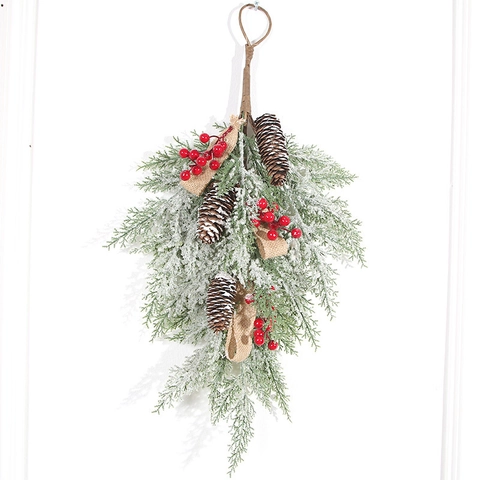 Künstliche Weihnachts-Wandteppich-Kranz Verschneite Tannenzapfen Rote Beeren PE Rattan Girlande Zuhause Party Deko