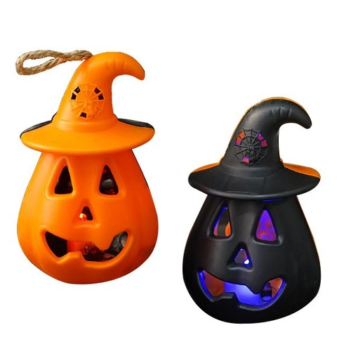 Lanterna a Zucca a LED di Halloween Cappello da Mago Zucca Luminosa Decorazione Sospesa per Bar Festa Oggetti di Scena Casa Infestata Arancione Nero