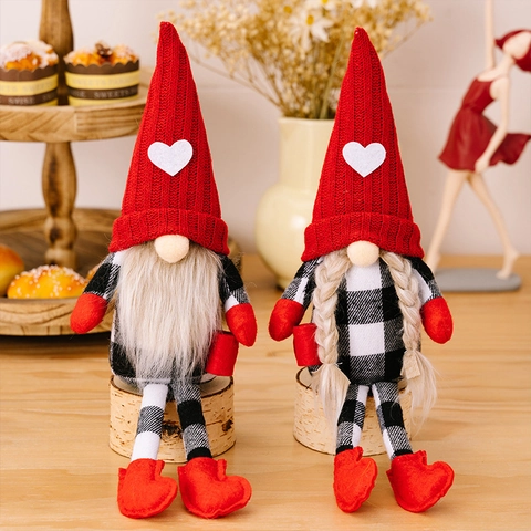 Kerst Gnome Pluche Decoratie Rode Gebreide Muts Wit Hart Plaid Scandinavische Tomte Dwerg Figuur Vakantie Ornament