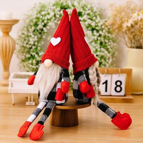 Kerst Gnome Pluche Decoratie Rode Gebreide Muts Wit Hart Plaid Scandinavische Tomte Dwerg Figuur Vakantie Ornament