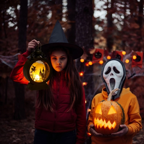 Halloween Decorative Wind Lantern LED Retro Electronic Candle Light Castle Pumpkin Witch Silhouette Desk Ornament Party Decor