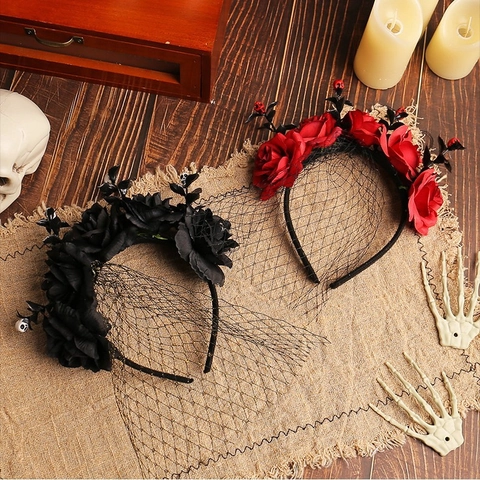 Gothic Halloween Rose Blume Haarreif Mit Schwarzem Netzschleier Und Mini-Schädel Dark Ghost Festival Party Haarschmuck