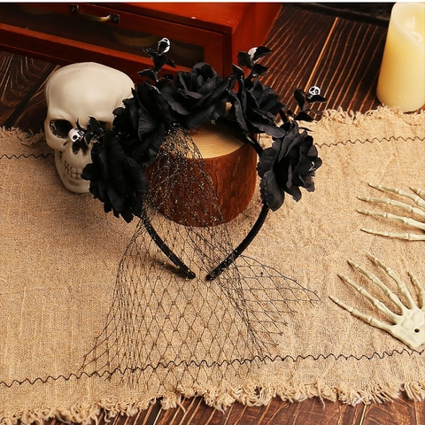 Gothic Halloween Rose Blume Haarreif Mit Schwarzem Netzschleier Und Mini-Schädel Dark Ghost Festival Party Haarschmuck