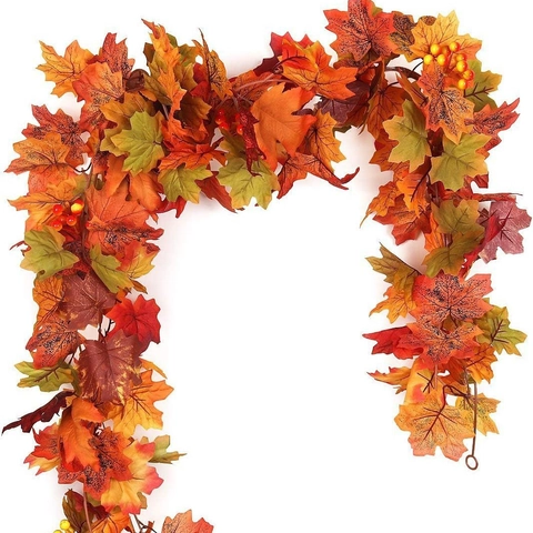 Guirnalda de Hojas de Arce Artificial Decoración de Otoño para Acción de Gracias Halloween Chimenea Puerta Enredadera Colgante con Bayas Naranja Rojo Negro
