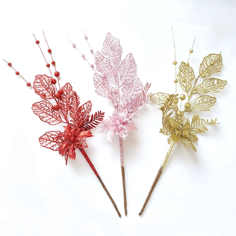 Glitzer Künstliche Lilienzweige Weihnachtsbaum Picks Hohle Blätter Beerenstiel Für Weihnachten Hochzeit Party Dekoration