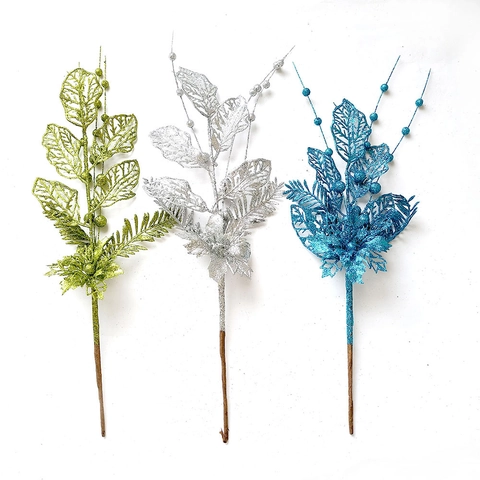 Glitzer Künstliche Lilienzweige Weihnachtsbaum Picks Hohle Blätter Beerenstiel Für Weihnachten Hochzeit Party Dekoration