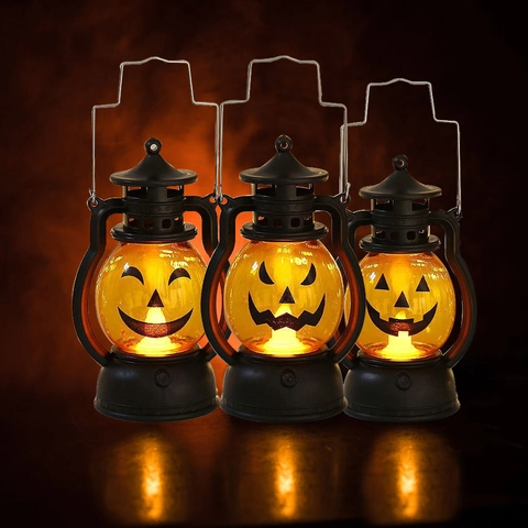 Lanterna a Zucca di Halloween LED Lampada a Olio Retrò Portatile Jack-O-Lantern per Bar Festa Vintage Lanterna in Plastica