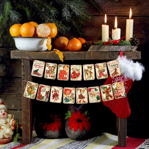 Vintage Victorian Christmas Square Banner Paper Bunting Fireplace Decoration Retro Santa Reindeer Pattern Holiday Pull Flag