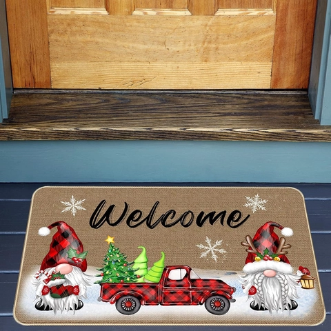 Christmas Welcome Doormat Gnome Tree Truck Pattern Festive Polyester Non-Slip Entrance Floor Mat For Home Holiday Decor