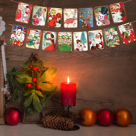 Vintage Victorian Christmas Square Banner Paper Bunting Fireplace Decoration Retro Santa Reindeer Pattern Holiday Pull Flag