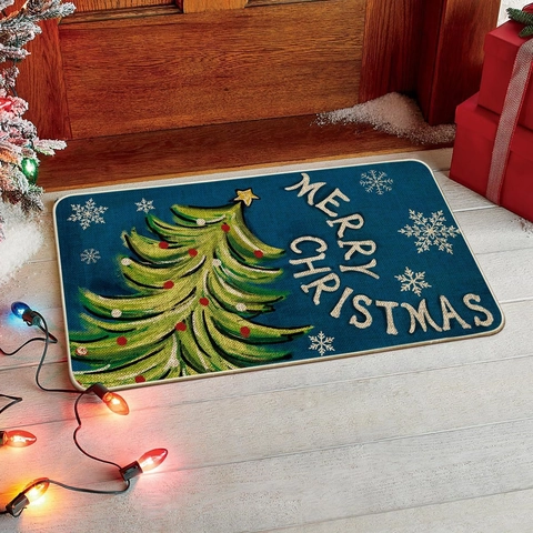 Christmas Welcome Doormat Gnome Tree Truck Pattern Festive Polyester Non-Slip Entrance Floor Mat For Home Holiday Decor
