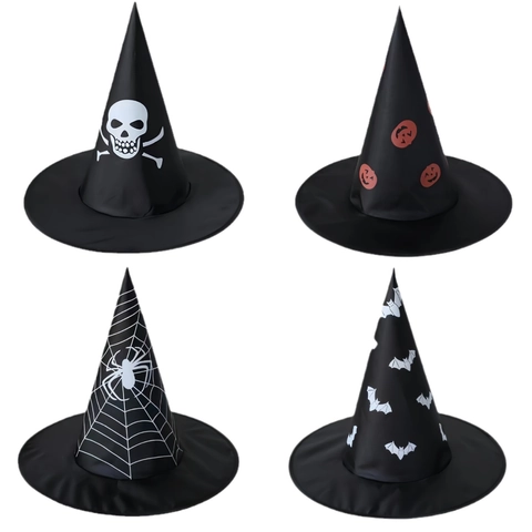 Halloween Hexenhut Spitzer Zaubererhut Mit Kürbis Spinnennetz Skelett Fledermaus Muster Schwarz Kostüm Party Hut Für Damen Unisex