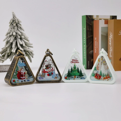 Vintage Christmas LED Triangle Wind Lamp Ornament Warm Light Santa Snowman Desktop Night Light Holiday Decoration