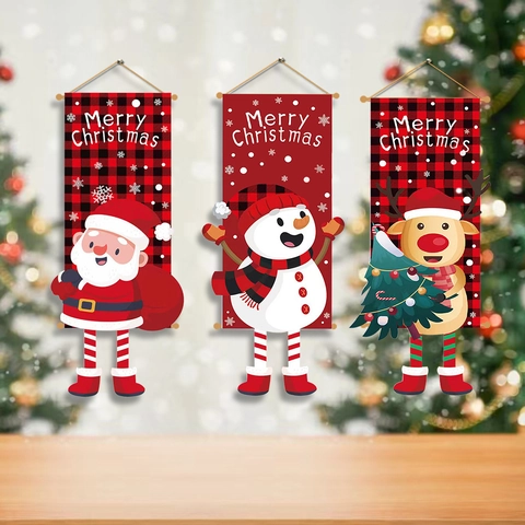 Decorazione Bandiera Appesa Natalizia Poliestere Quadretti Buffalo Babbo Natale Pupazzo di Neve Alce Banner Per Ristorante Bar Festa Casa