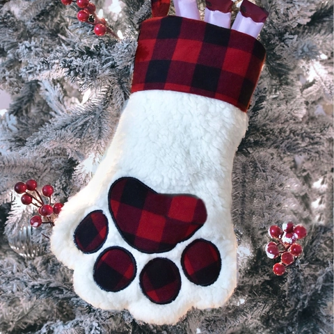 Calcetín de Navidad con Huella de Pata Sherpa Cuadros Adorno Colgante para Chimenea Fiesta Decoración Hogar Bolsa Regalo