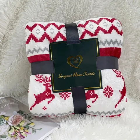 Couverture en Flanelle Double Couche Épaissie Thème Noël Impression Numérique Élan Flocon de Neige Plaid Chaud Maison