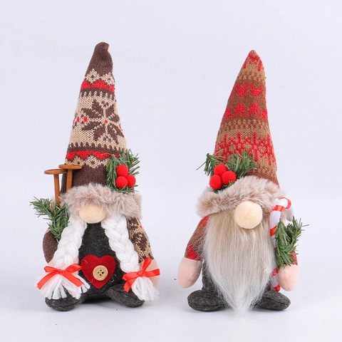 Bambola Gnomo di Natale a Maglia Fatta a Mano Cappello a Punta Fiocco di Neve Rudolph Senza Volto Con Bastone Treccia Decor