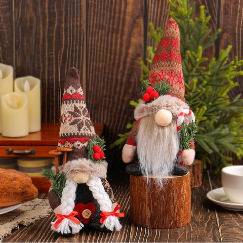 Bambola Gnomo di Natale a Maglia Fatta a Mano Cappello a Punta Fiocco di Neve Rudolph Senza Volto Con Bastone Treccia Decor