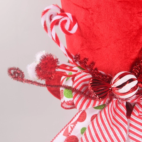 Puntale per Albero di Natale Cappello da Mago Decorazione Velluto Rosso Fiocco a Righe Con Bastoncino di Zucchero Glitter Festa
