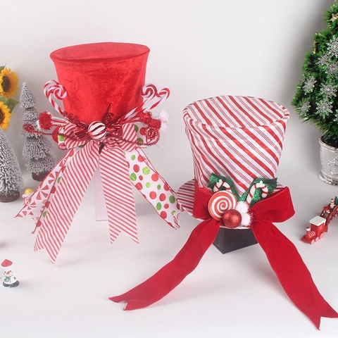 Puntale per Albero di Natale Cappello da Mago Decorazione Velluto Rosso Fiocco a Righe Con Bastoncino di Zucchero Glitter Festa