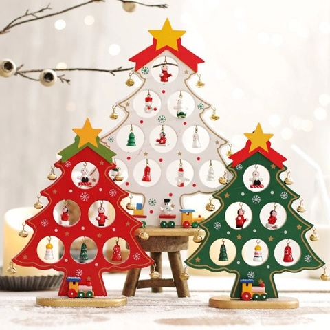 Sapin de Noël en Bois Décoration de Table Avec Ornements Miniatures Étoile de Sommet Base Petit Train Décor de Fête Maison Bureau