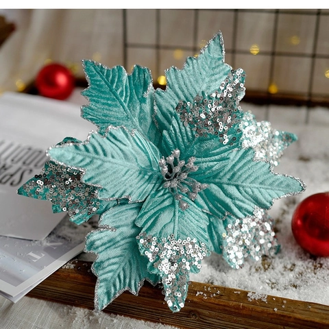 Künstliche Weihnachtsblume Weihnachtsstern Glitzer Stoff Dekoration Für Weihnachtsbaum Haus Party Ornament Glitzernde Feiertagsflorale Anzeige
