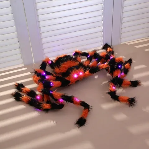 Halloween Große Leuchtende Spinne Requisite Orange Schwarz Gestreift Plüsch Lila LED Licht Gruselig Outdoor Party Deko