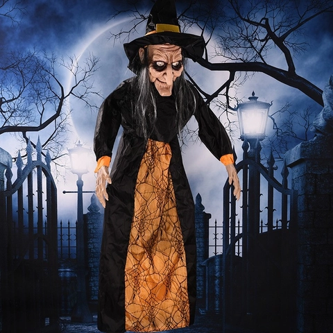 Decoración De Bruja Colgante De Halloween Animada Accesorio De Casa Embrujada Ojos Brillantes Control De Voz Plástico Resina