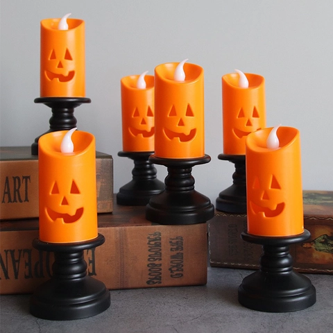Luce di Candela Elettronica LED di Halloween a Forma di Zucca Arancione Plastica Cava Zucca Faccia Decorazione Con Base Retro Nera Festa