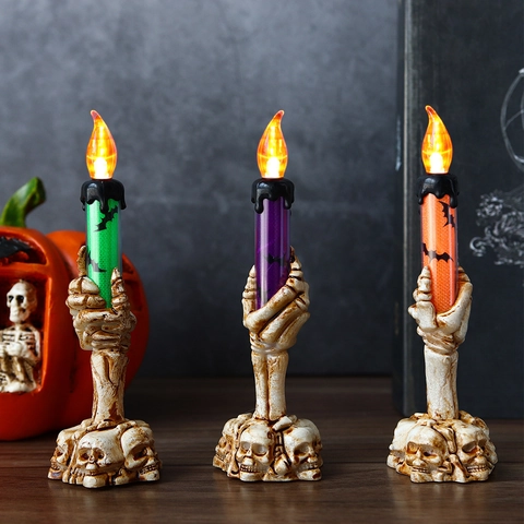 Lampada Candela LED Halloween Supporto Mano Scheletro Motivo Pipistrello Gotico Luce Elettronica per Arredo Tavola