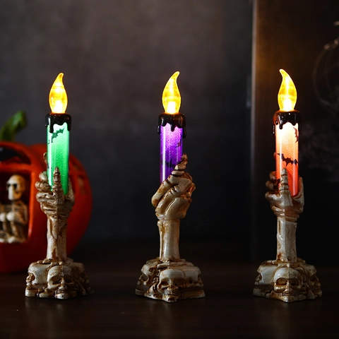 Lampada Candela LED Halloween Supporto Mano Scheletro Motivo Pipistrello Gotico Luce Elettronica per Arredo Tavola
