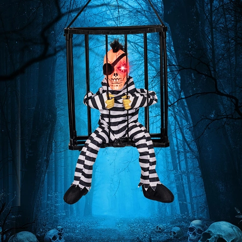 Halloween Animated Caged Ghost Prisoner Skeleton Prop Sensor Activated Light Up Red Eyes Sound Scary Decoration Haunted House Decor