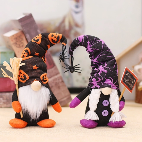 Halloween Gnome Doll Ornament Plush Faceless Dwarf Spider Pumpkin Pattern Decoration For Home Party Table Desktop Decor Gift