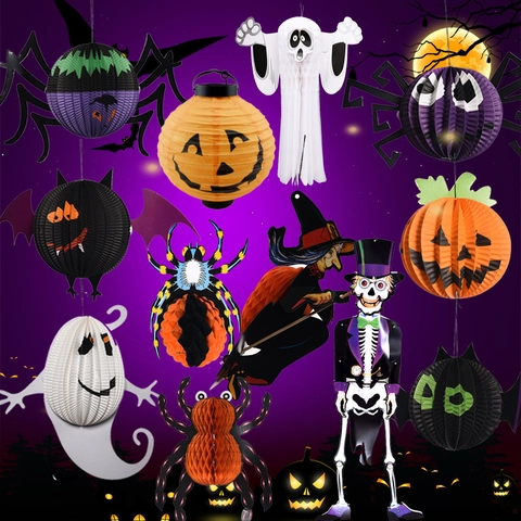 Halloween Honeycomb Paper Hanging Decorations Pumpkin Bat Spider Ghost Witch Ornaments For Haunted House Bar Party