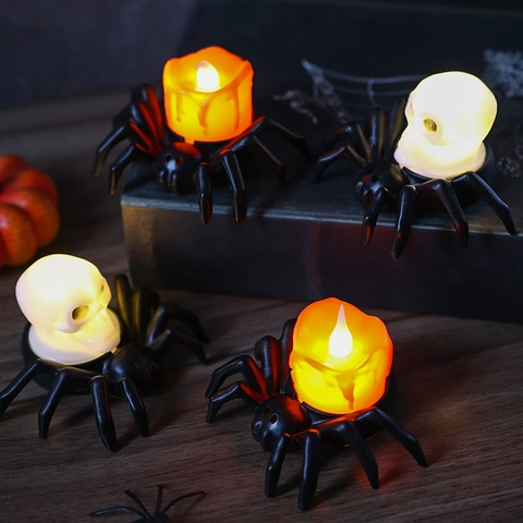 Halloween LED Spider Candle Lamp Spooky Skull Eyeball Night Light Plastic Atmosphere Party Home Decor Desktop Ornament Props