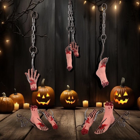 Halloween Bloody Horror Chain Hook Hand Foot Head Props Haunted House Secret Room Scene Outdoor Decoration Plastic