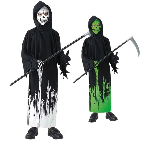 Kinder Grim Reaper Kostuum Lichtgevend in het Donker Met Zeis Masker Handschoenen Zwart Halloween Cosplay Feest Polyester