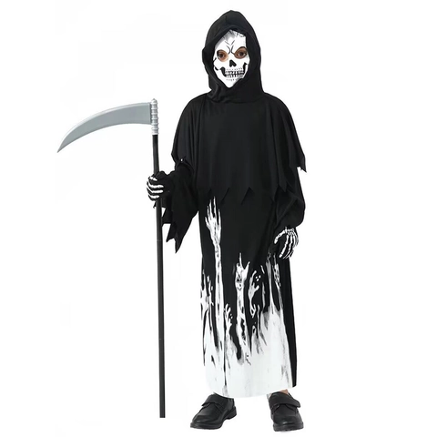 Kinder Grim Reaper Kostuum Lichtgevend in het Donker Met Zeis Masker Handschoenen Zwart Halloween Cosplay Feest Polyester