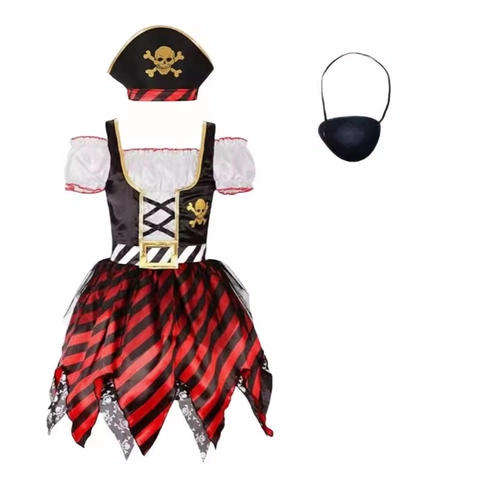 Set Costume da Pirata per Bambine per Halloween Cosplay Party Vestito a Strisce Rosse Con Cappello e Mascherina