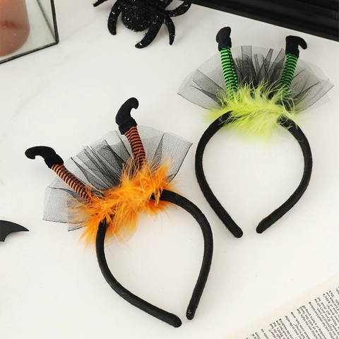 Diadema De Piernas De Bruja De Halloween Rayas Malla Pluma Decorativa Para El Pelo Cosplay Fiesta Accesorio