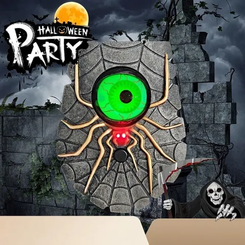 Campanello per Halloween Animato a Forma di Ragno con Bulbo Oculare Luminoso e Parlante Decorazione Casa Stregata Suono Spaventoso
