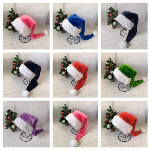 Bonnet de Noël en Peluche Extra Long Bonnet Conique à Longue Queue Festif Avec Bordure en Fausse Fourrure Blanche Et Pompon Accessoire de Costume de Fête