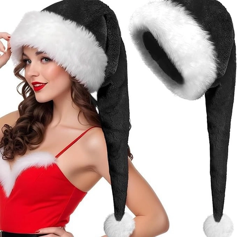 Bonnet de Noël en Peluche Extra Long Bonnet Conique à Longue Queue Festif Avec Bordure en Fausse Fourrure Blanche Et Pompon Accessoire de Costume de Fête