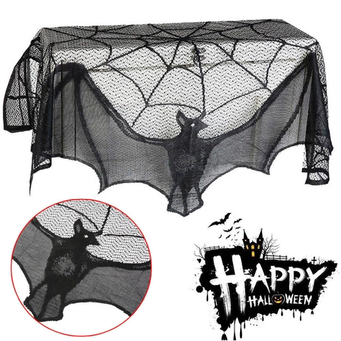 Schwarze Spitze Halloween Kamin Schal Spinnennetz Fledermaus Tischdecke Fenster Vorhang Dekoration Gothik Party Zuhause Ornament