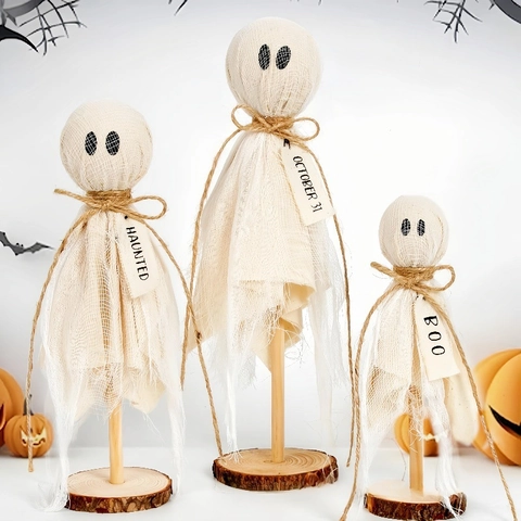 Vintage Halloween Legno Garza Fantasma Ornamenti Desktop Statuetta Decor Corda Di Canapa Etichette Per Casa Festa Decor